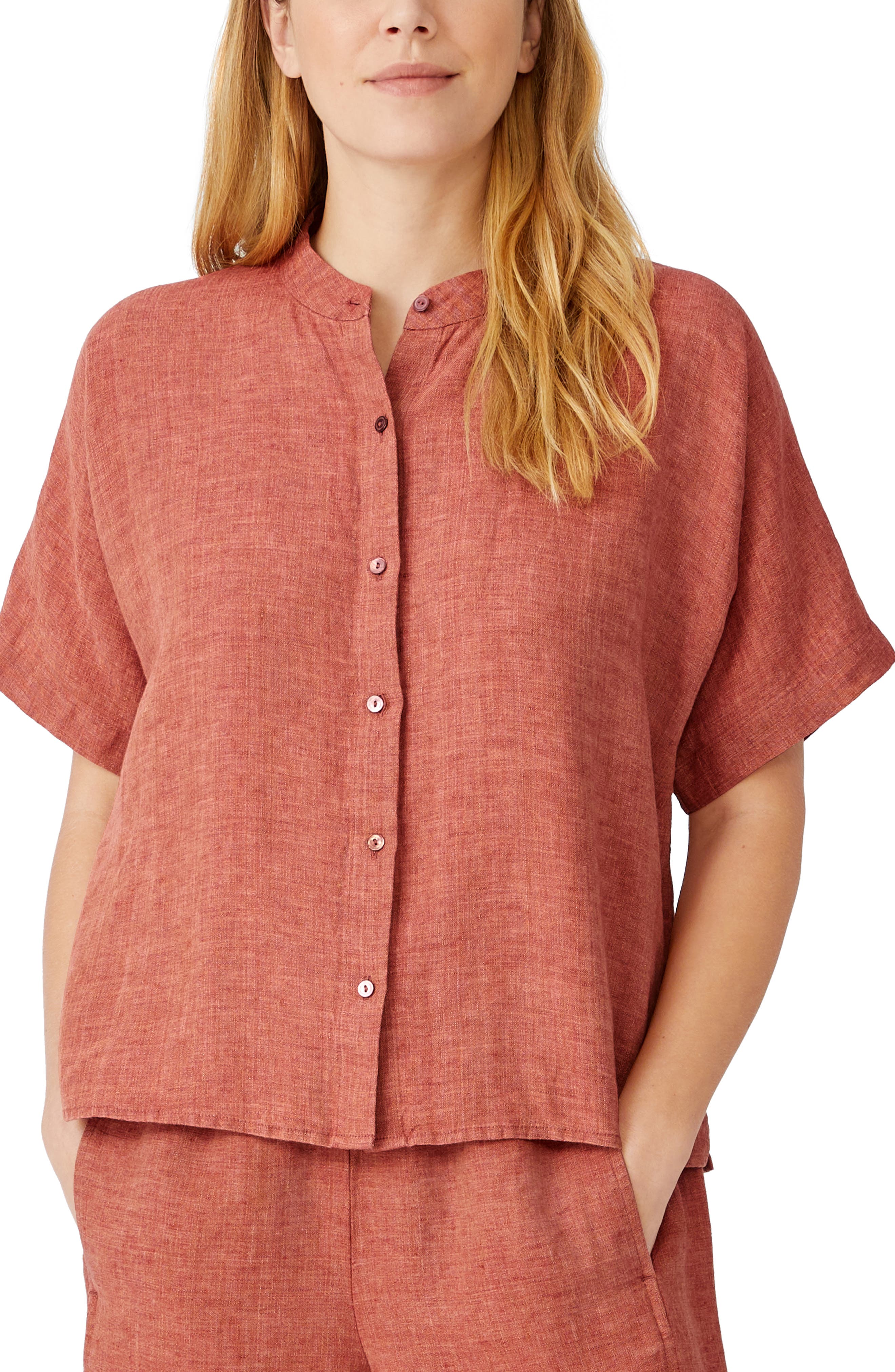 $228 Eileen Fisher Shirt Chambray Organic Linen Mandarin Collar Plus 